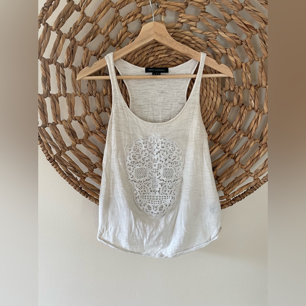 Skull Cashmere White Sleeveless Top with Skull Lace Detail